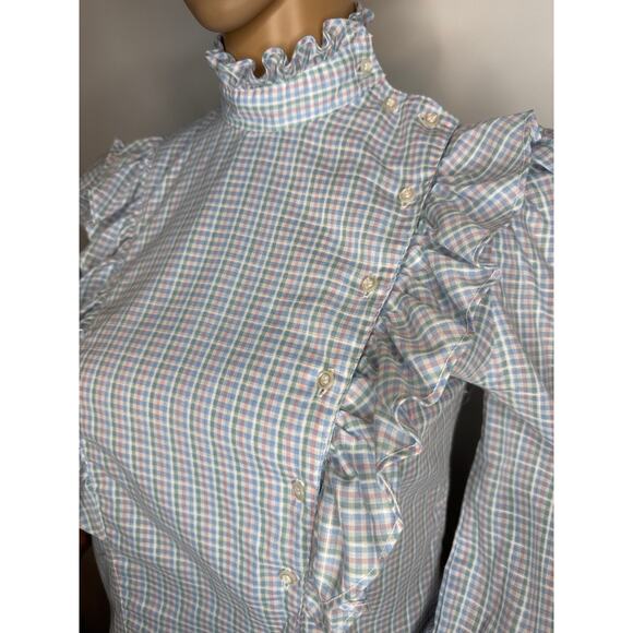 Vintage 1980s Stuart Lang Ruffle blue white Plaid High Neck Prairie Blouse small - Picture 5 of 16